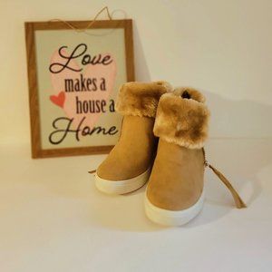 Faux Suede Tan Wedge Sneakers w Faux Fur Trim NWOT